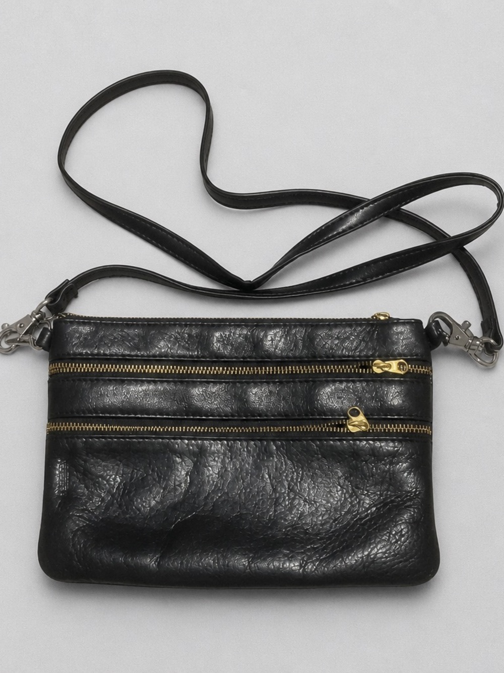 Vintage Unisex Black Leather Crossbody Wristlet with Gold Zippers